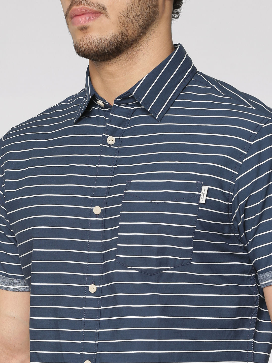 Blue Striped Slim Fit Short Sleeves Shirt