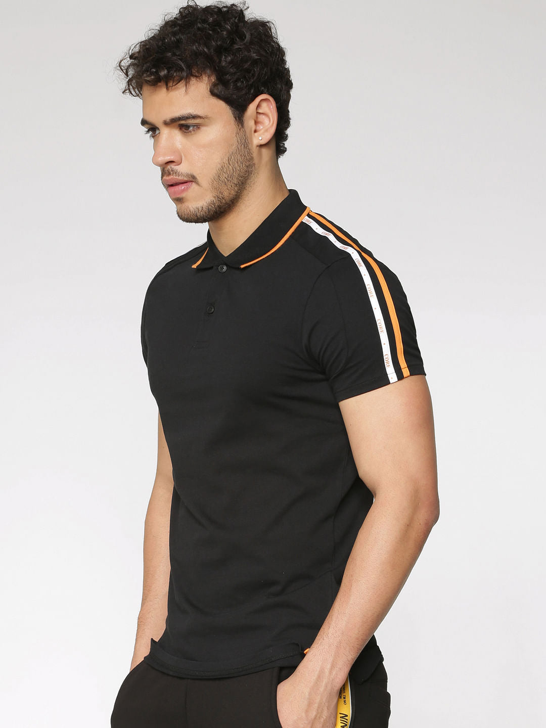 Black Tape Sleeve Detail Slim Fit Polo Neck T-Shirt - S