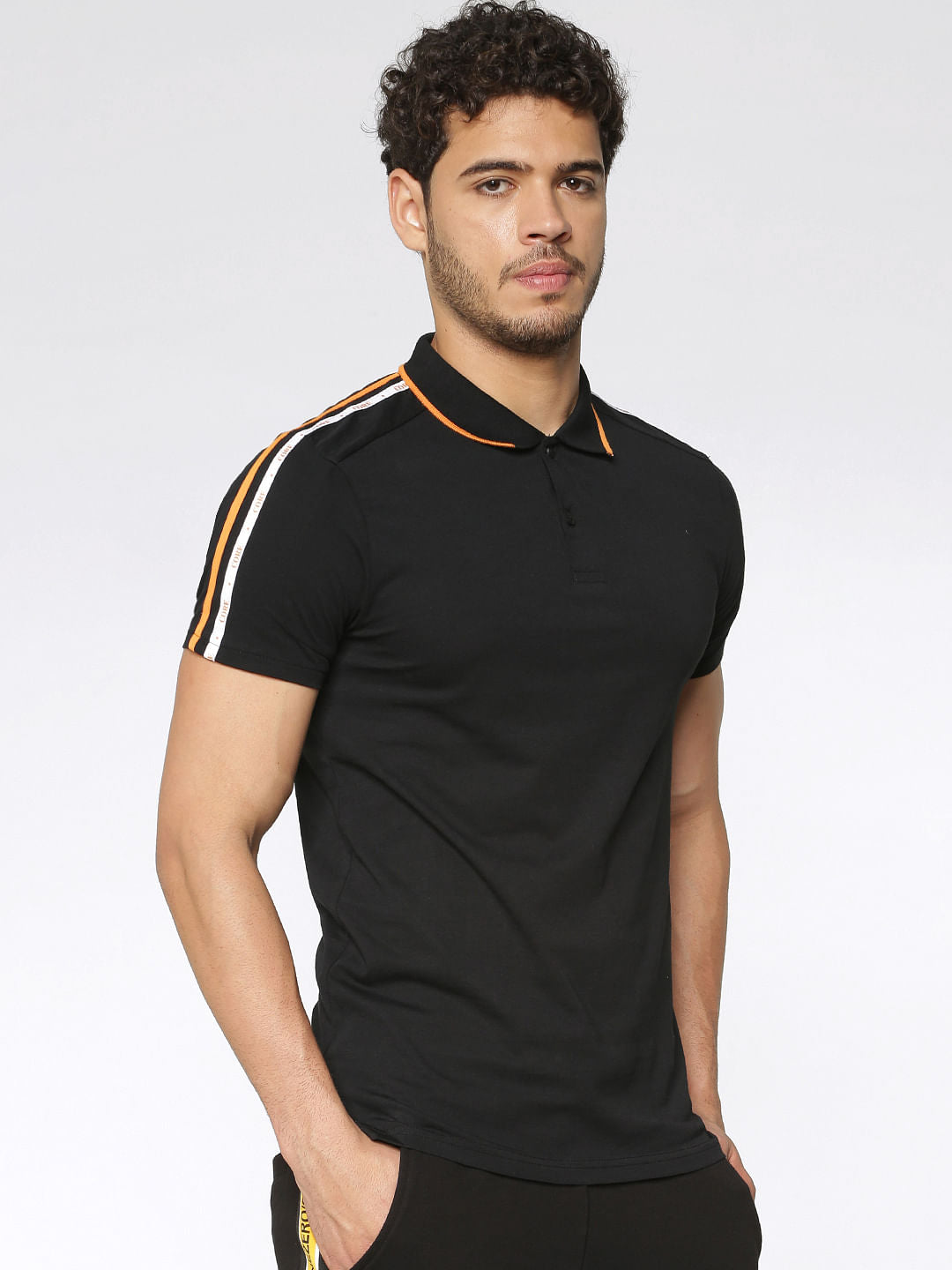 Black Tape Sleeve Detail Slim Fit Polo Neck T-Shirt