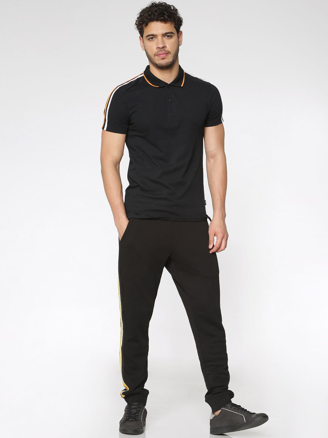 Black Tape Sleeve Detail Slim Fit Polo Neck T-Shirt