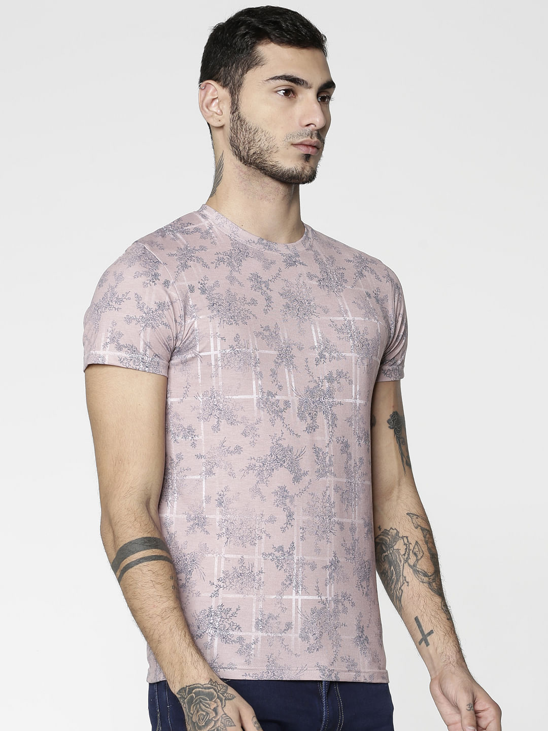 Pink All Over Floral Print Slim Fit Crew Neck T-Shirt