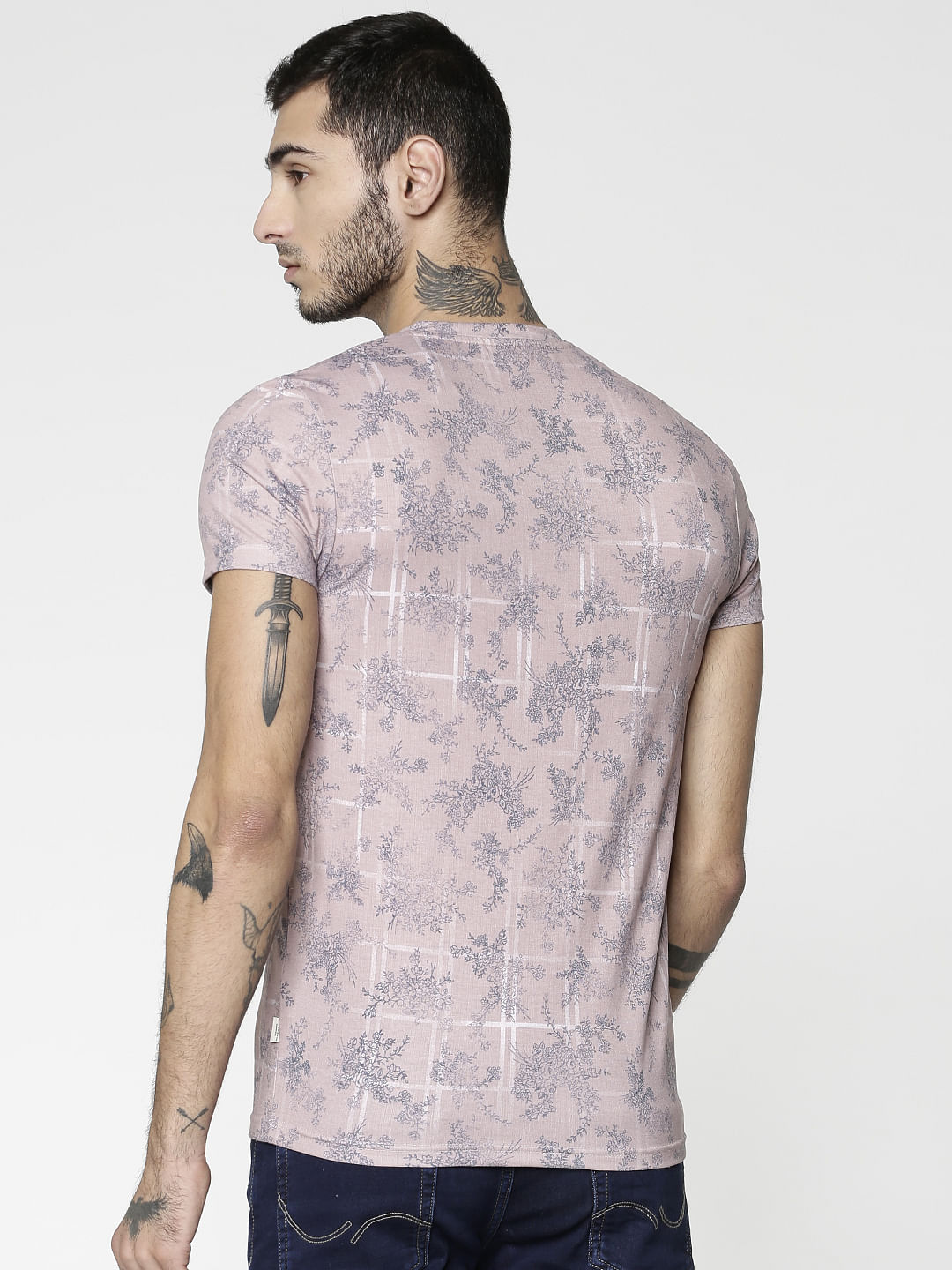 Pink All Over Floral Print Slim Fit Crew Neck T-Shirt