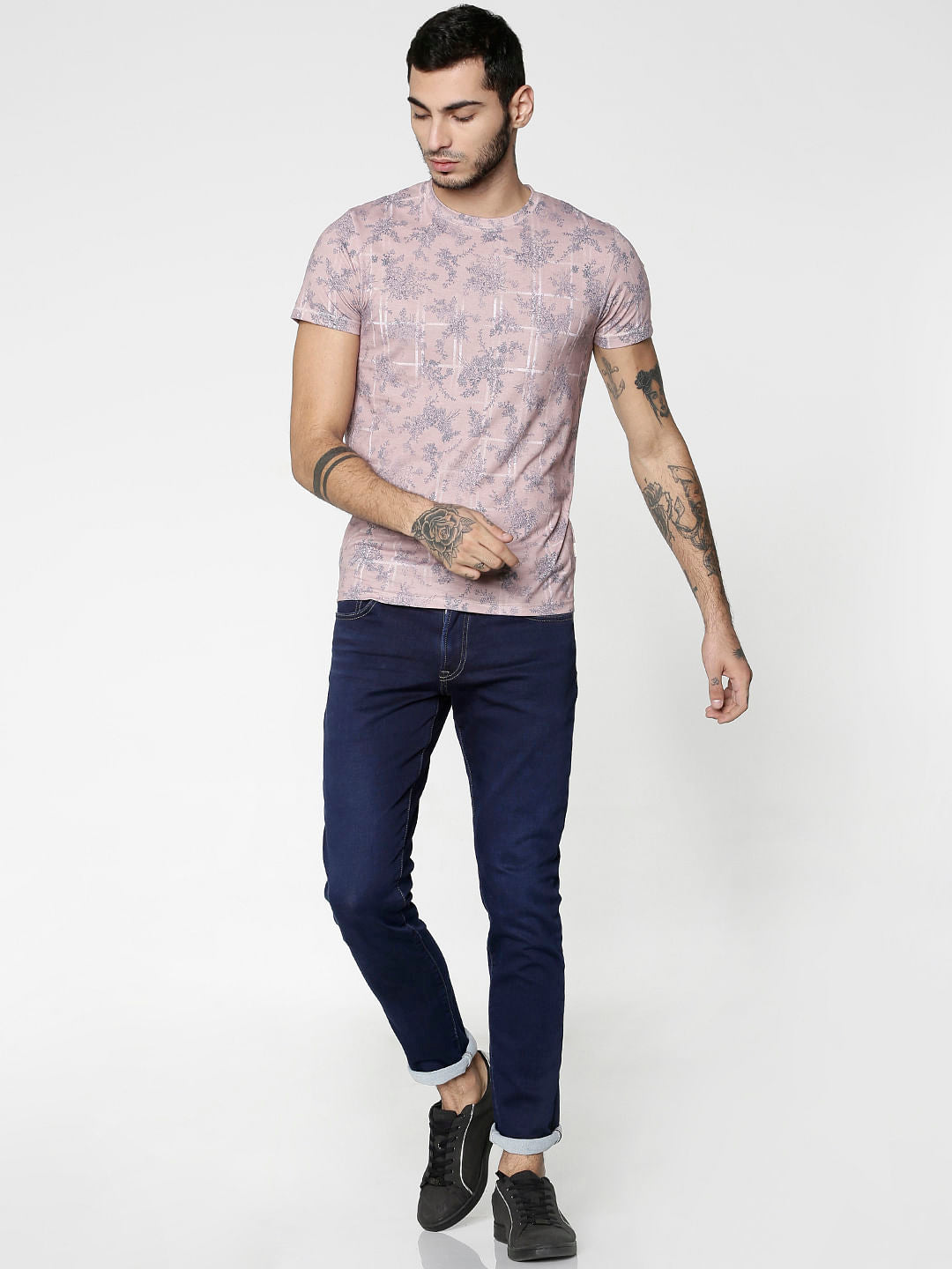 Pink All Over Floral Print Slim Fit Crew Neck T-Shirt