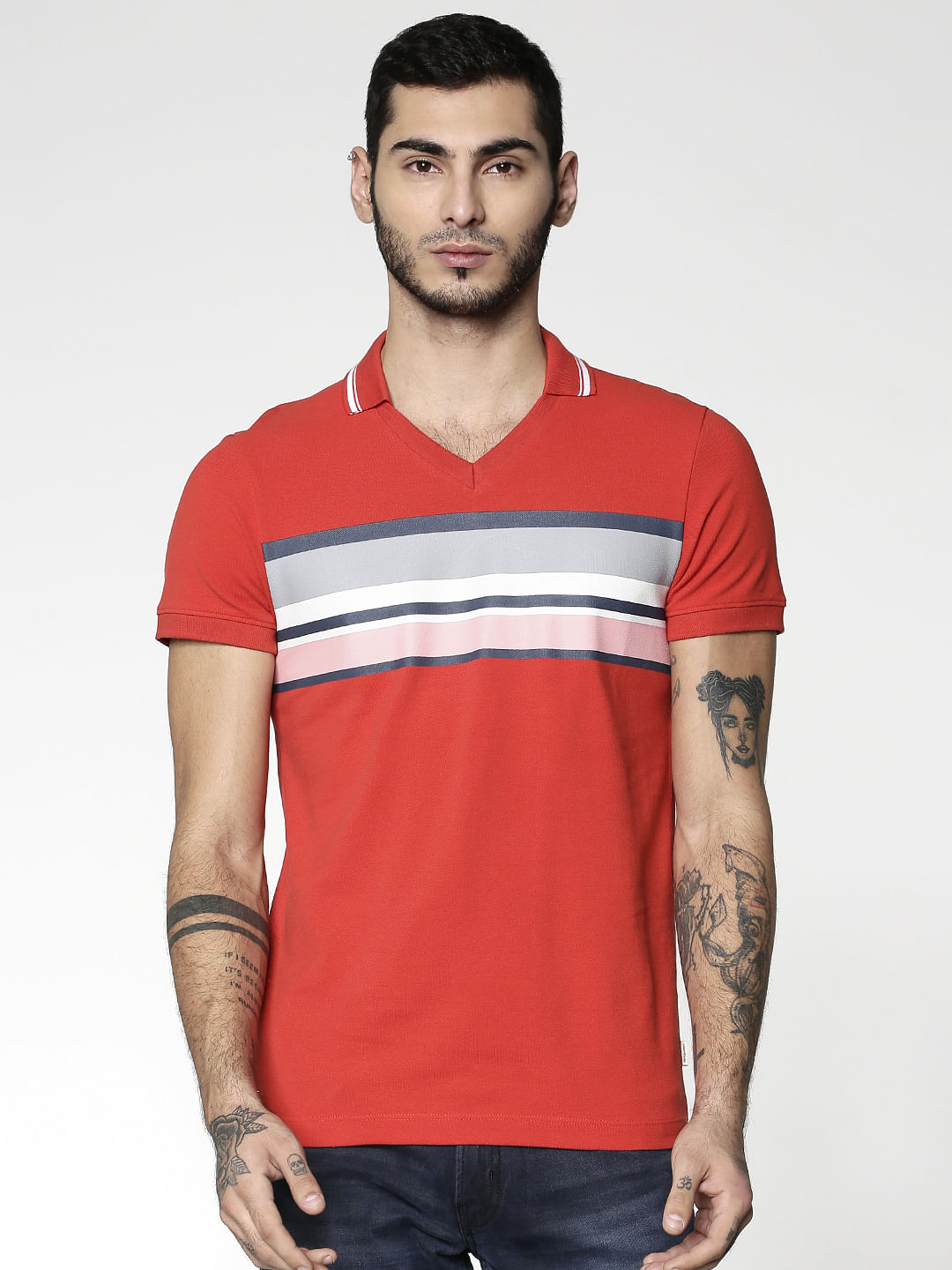 Red Colour Blocked Striped Slim Fit Polo Neck T-Shirt - S