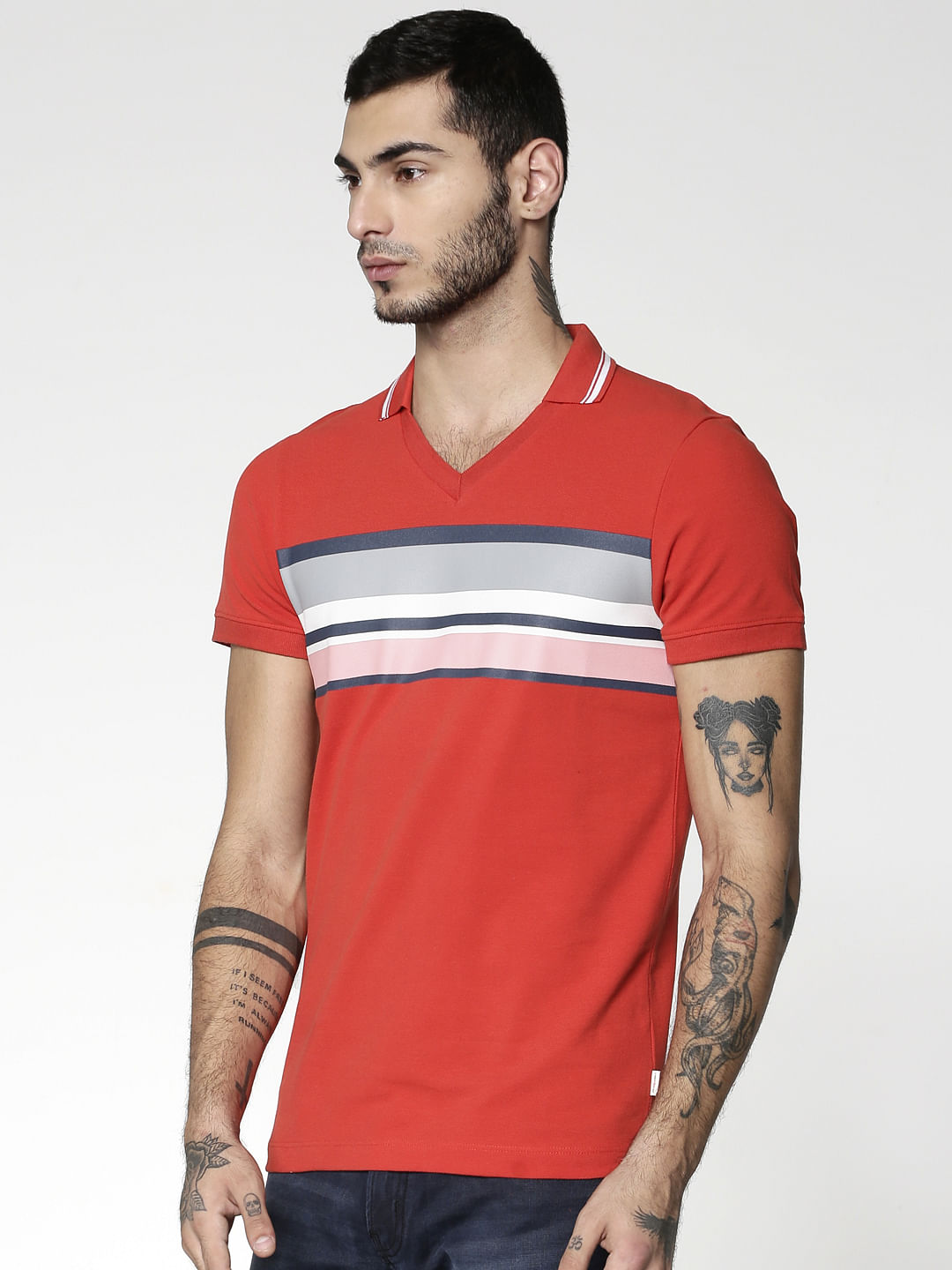 Red Colour Blocked Striped Slim Fit Polo Neck T-Shirt