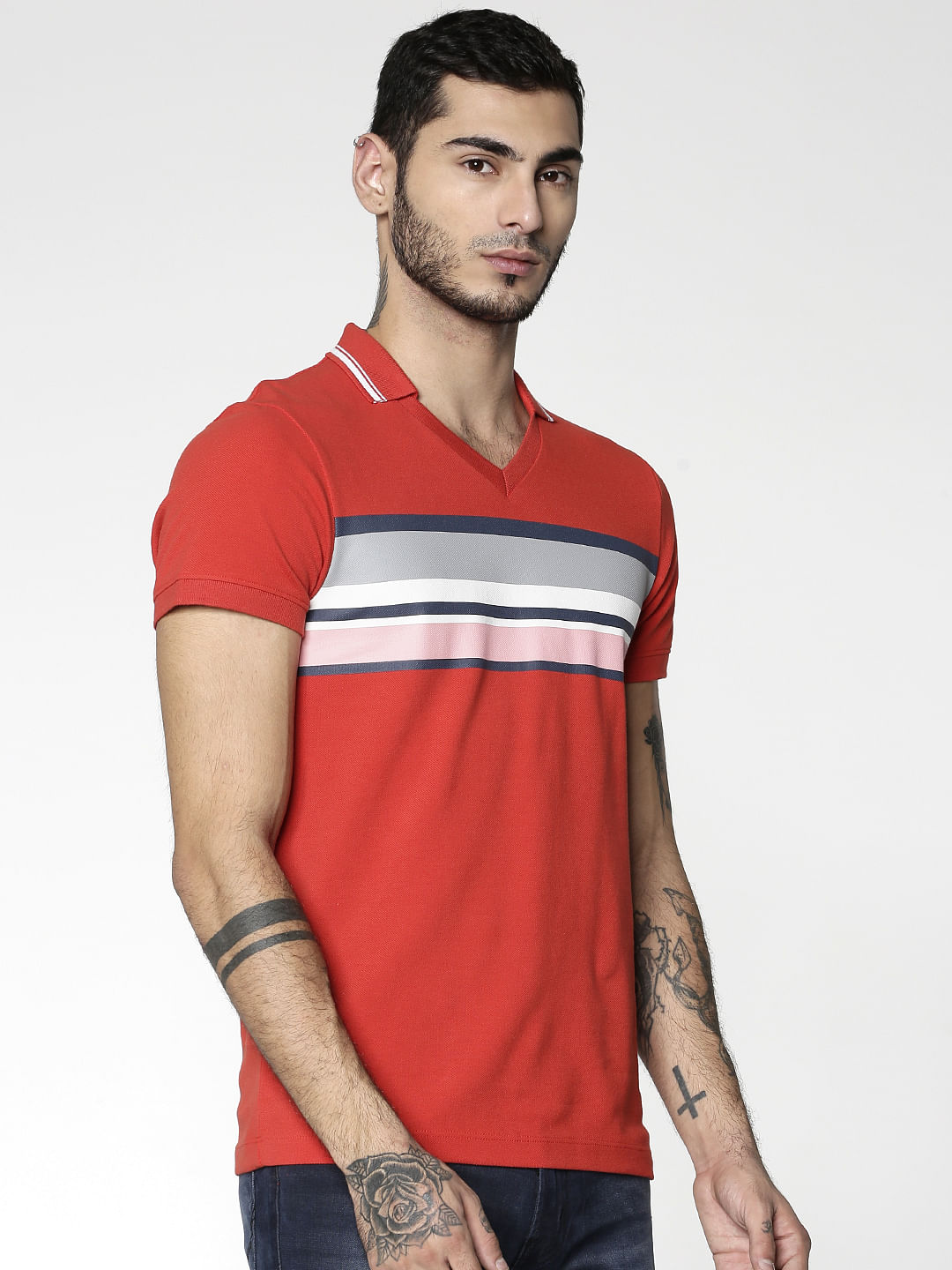 Red Colour Blocked Striped Slim Fit Polo Neck T-Shirt