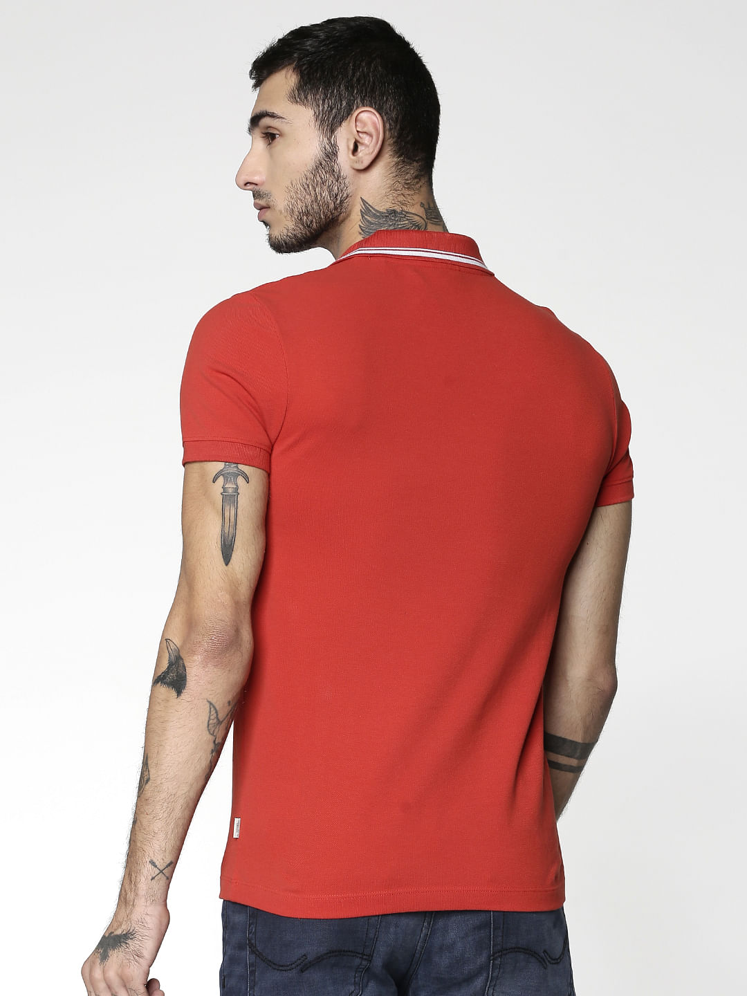 Red Colour Blocked Striped Slim Fit Polo Neck T-Shirt