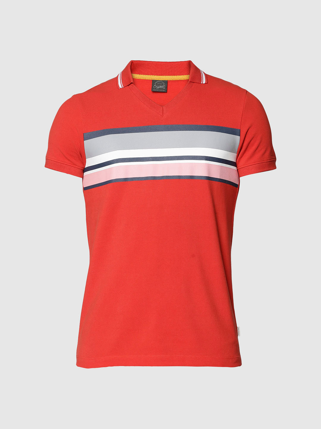 Red Colour Blocked Striped Slim Fit Polo Neck T-Shirt