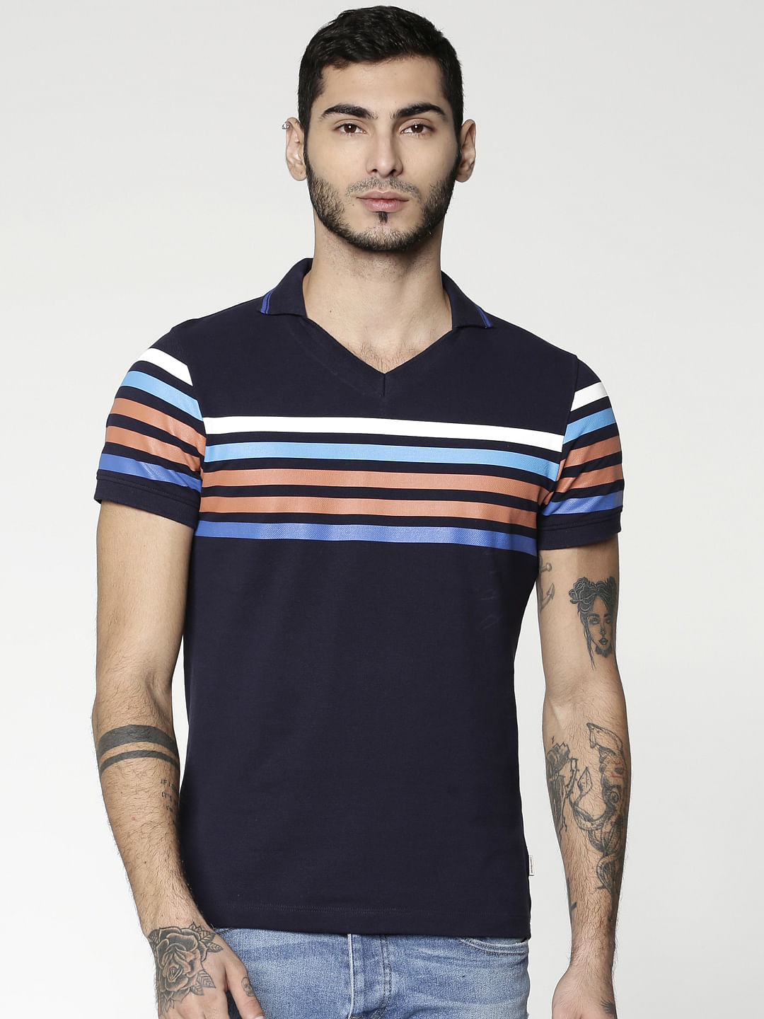Blue Colour Blocked Striped Slim Fit Polo Neck T-Shirt