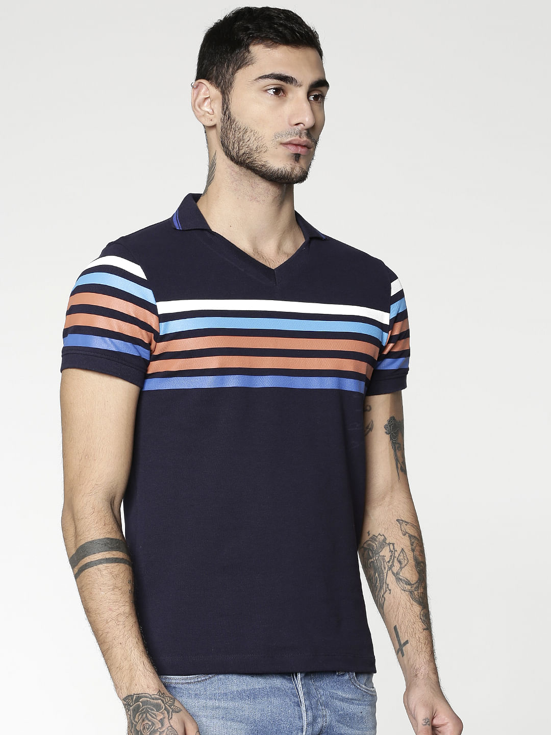 Blue Colour Blocked Striped Slim Fit Polo Neck T-Shirt