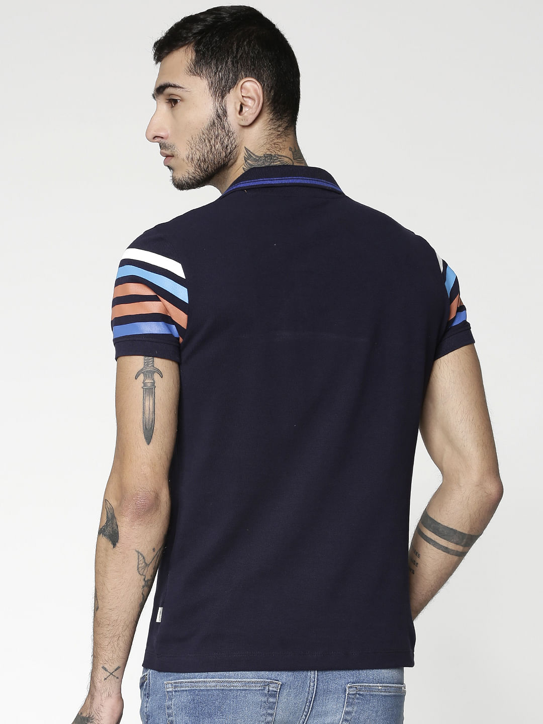 Blue Colour Blocked Striped Slim Fit Polo Neck T-Shirt