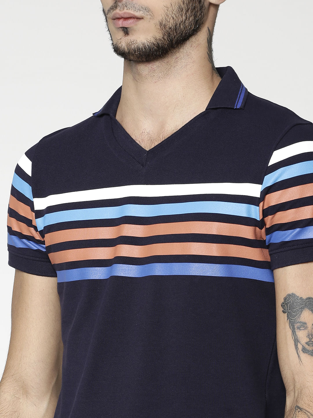 Blue Colour Blocked Striped Slim Fit Polo Neck T-Shirt