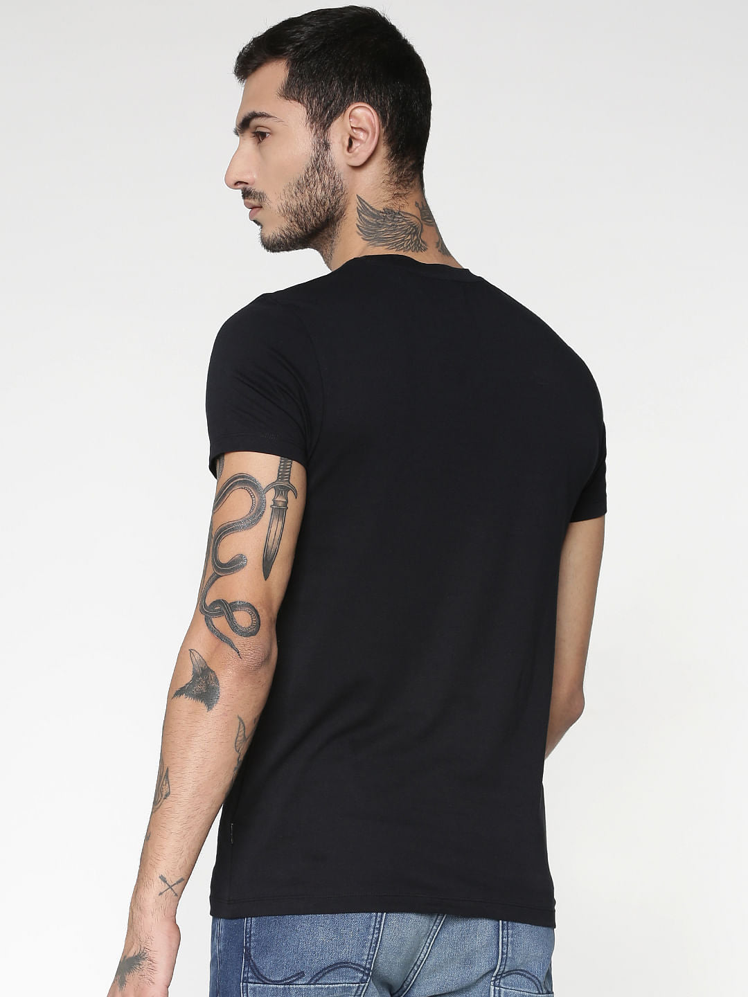 Black Text Print Slim Fit Crew Neck T-Shirt