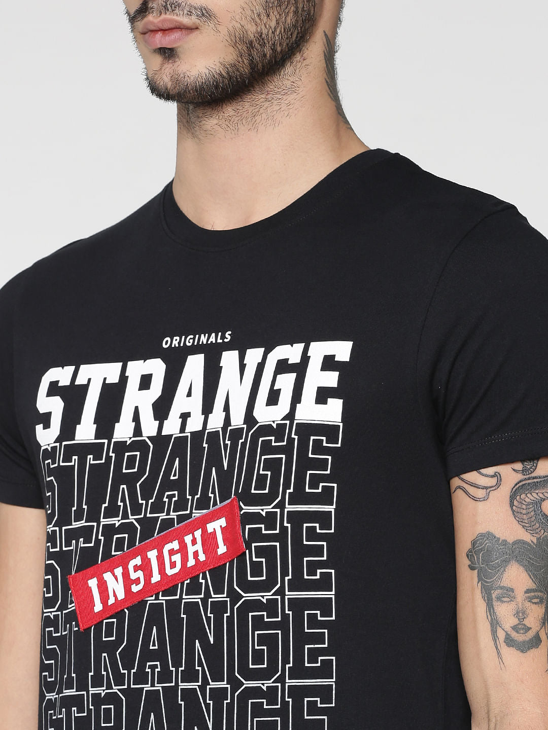 Black Text Print Slim Fit Crew Neck T-Shirt