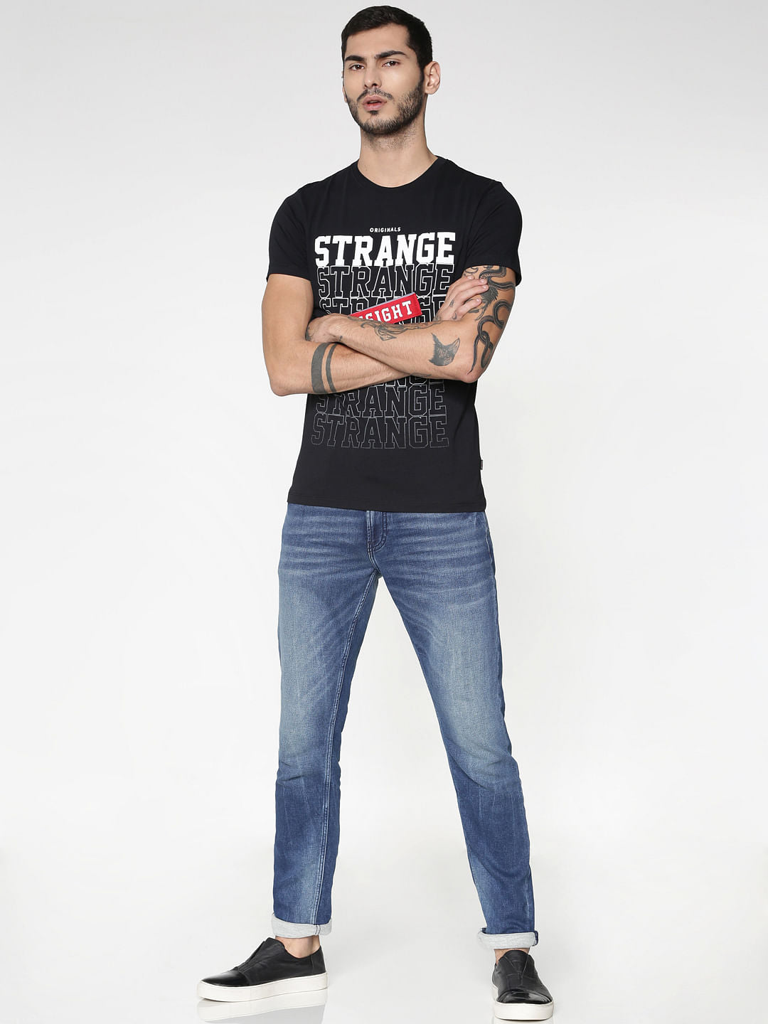 Black Text Print Slim Fit Crew Neck T-Shirt