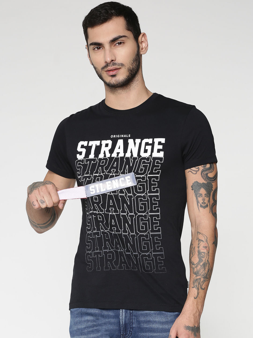 Black Text Print Slim Fit Crew Neck T-Shirt