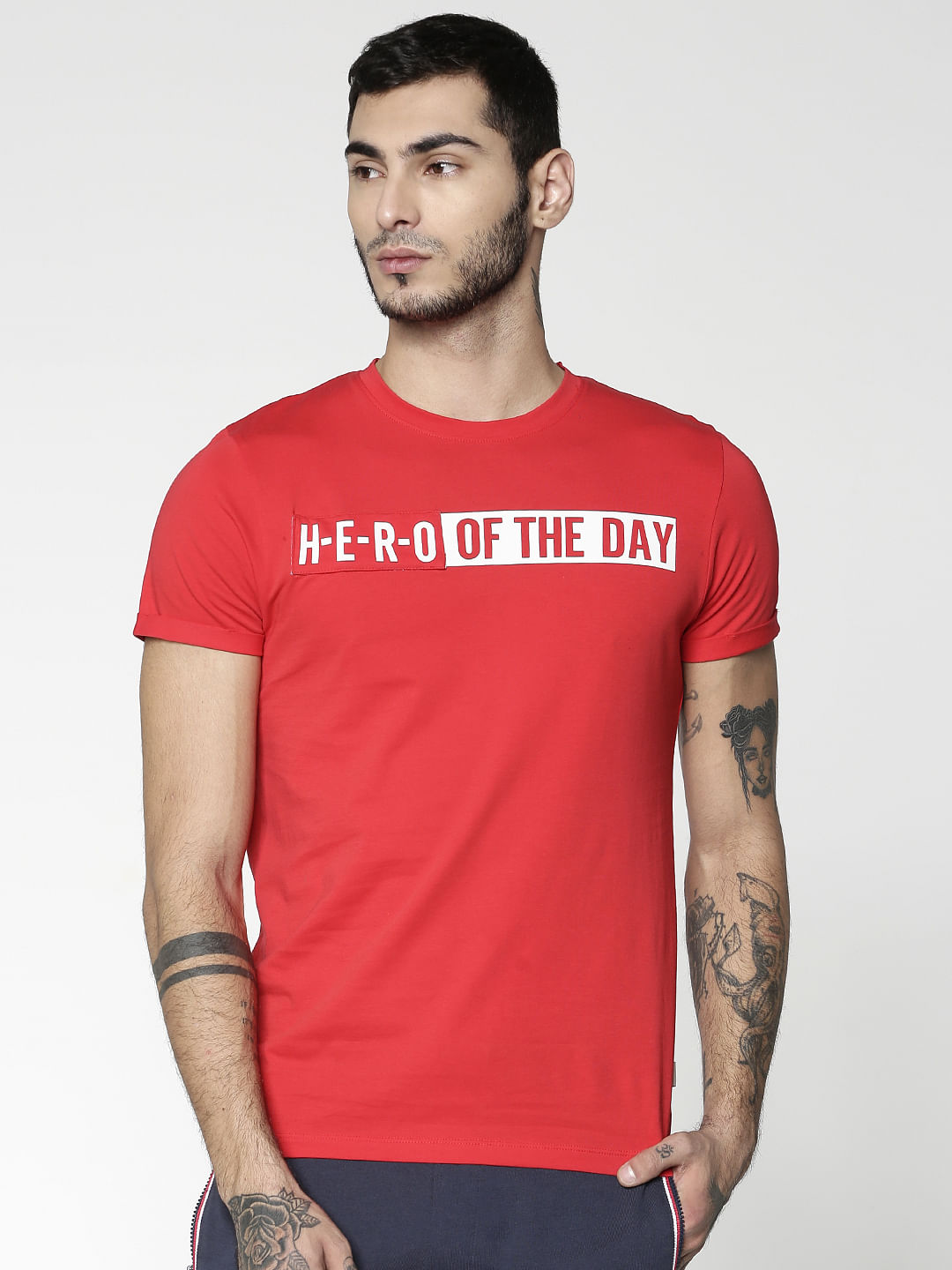 Red Text Print Slim Fit Crew Neck T-Shirt