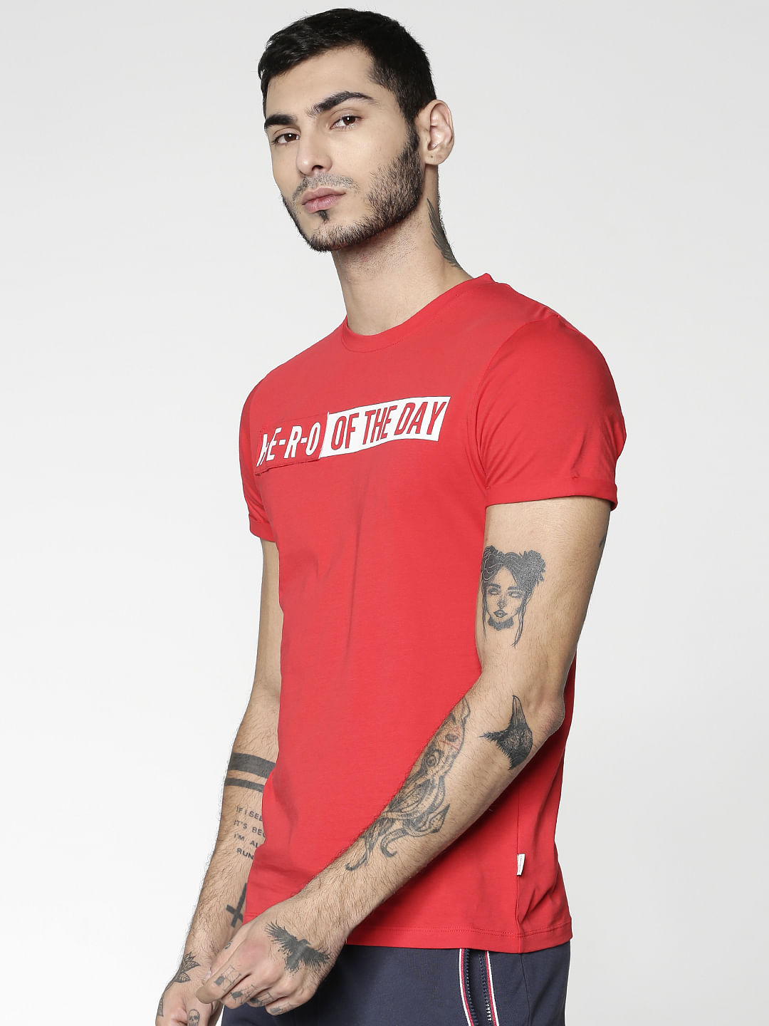 Red Text Print Slim Fit Crew Neck T-Shirt