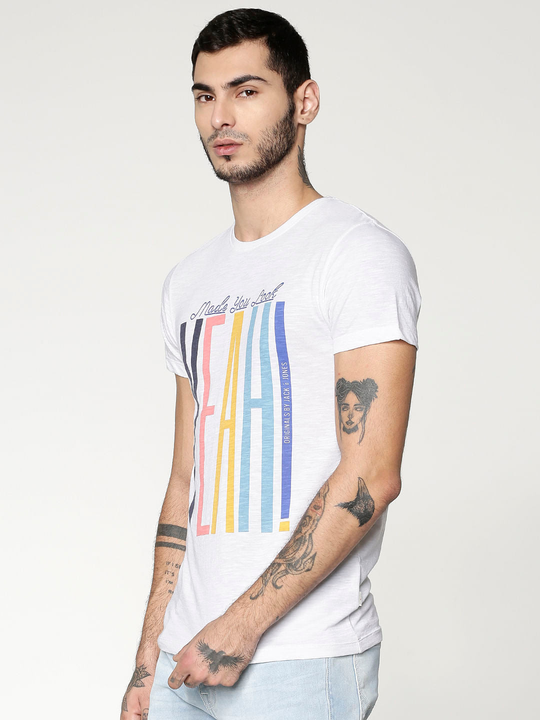 White Text Print Slim Fit Crew Neck T-Shirt - S