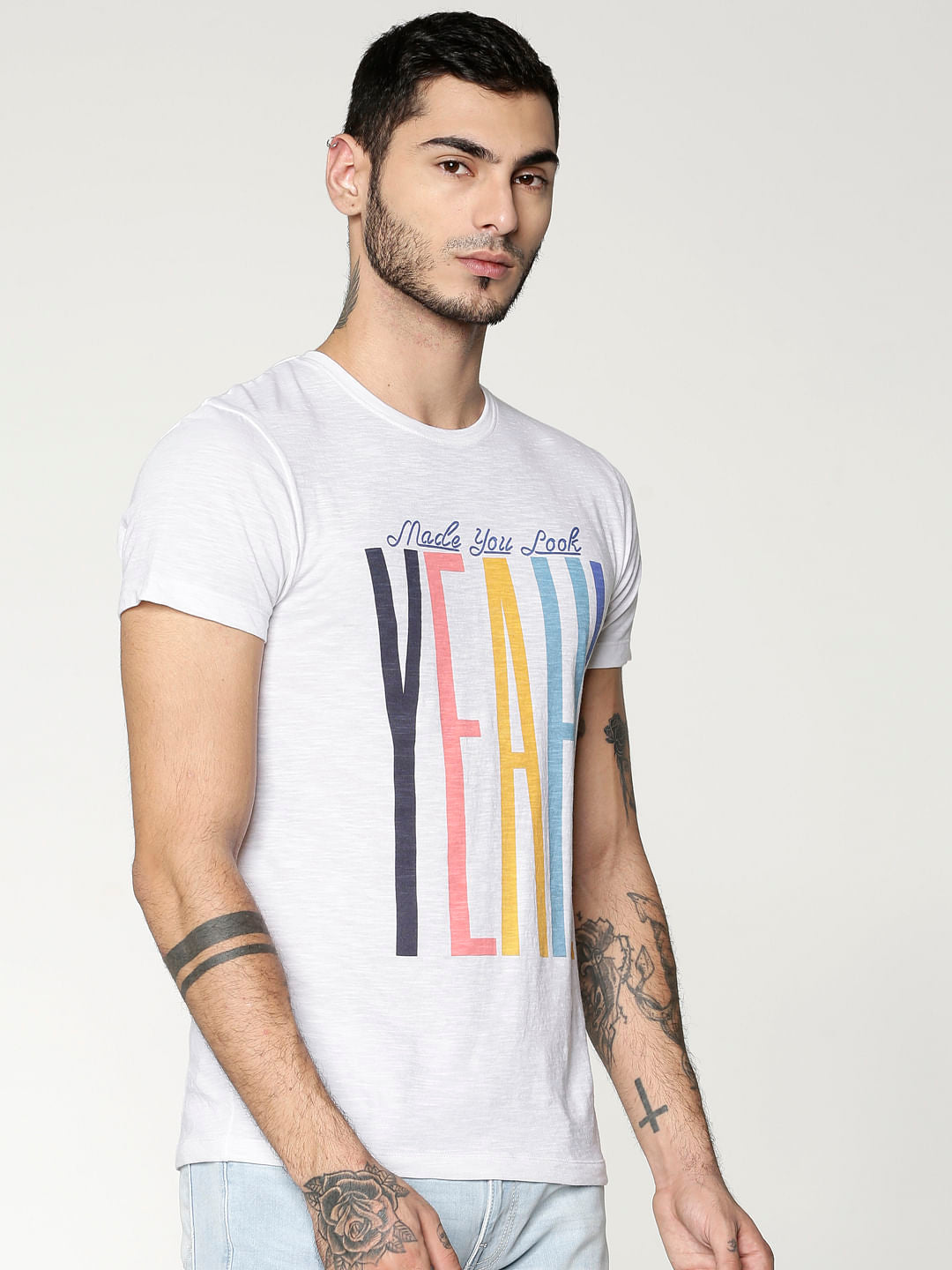 White Text Print Slim Fit Crew Neck T-Shirt