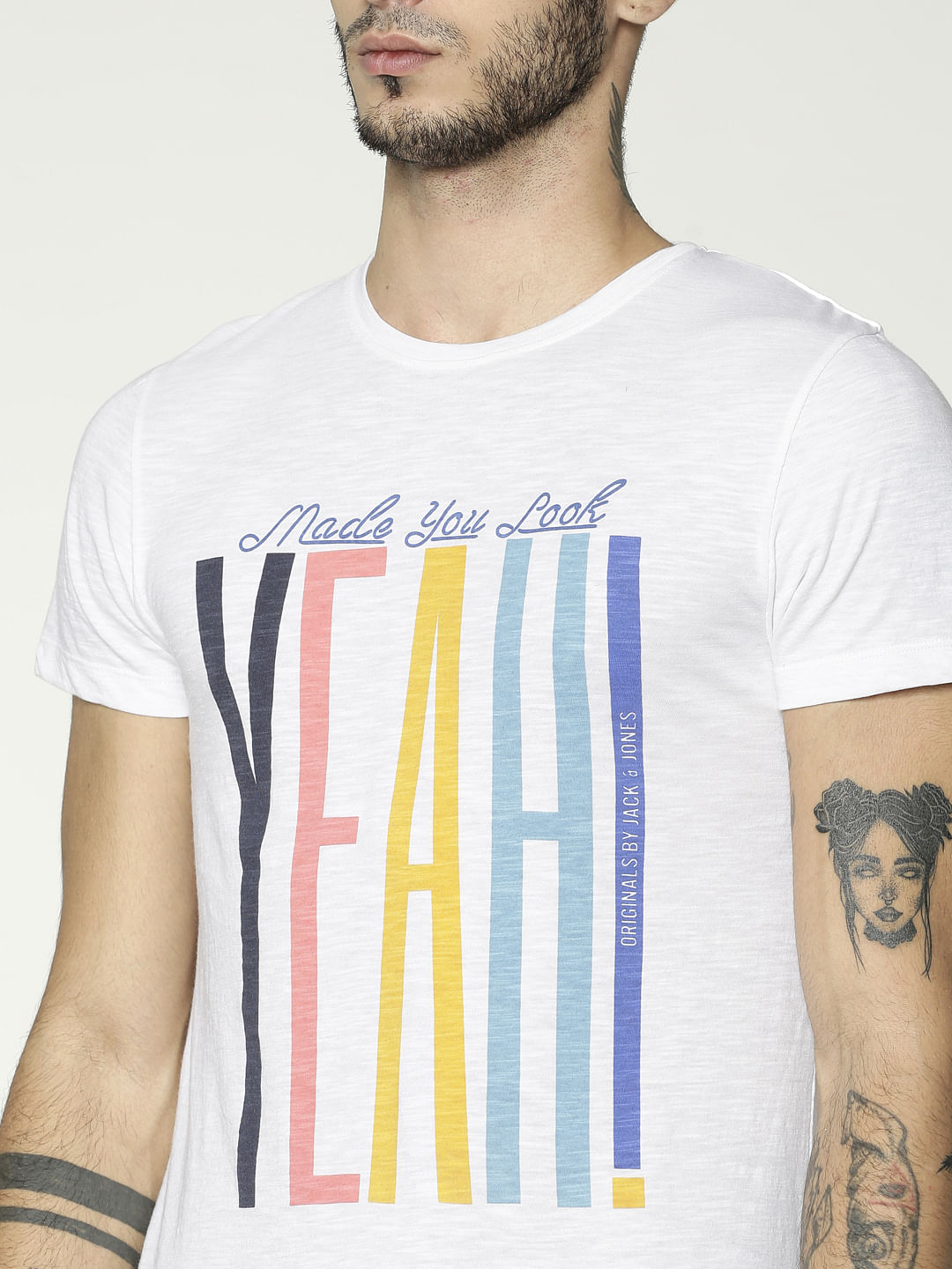White Text Print Slim Fit Crew Neck T-Shirt