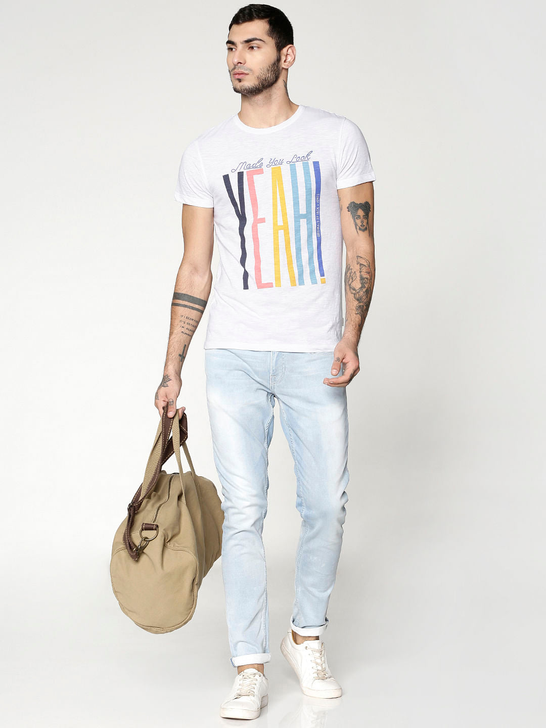 White Text Print Slim Fit Crew Neck T-Shirt