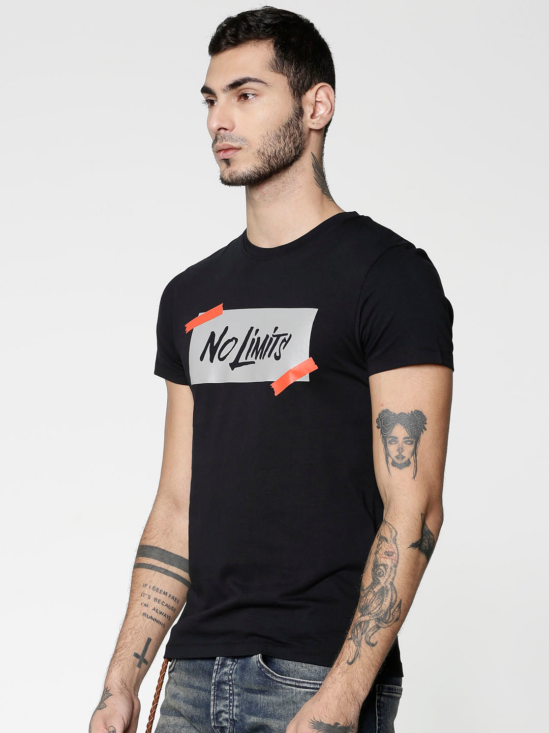 Black Text Print Slim Fit Crew Neck T-Shirt