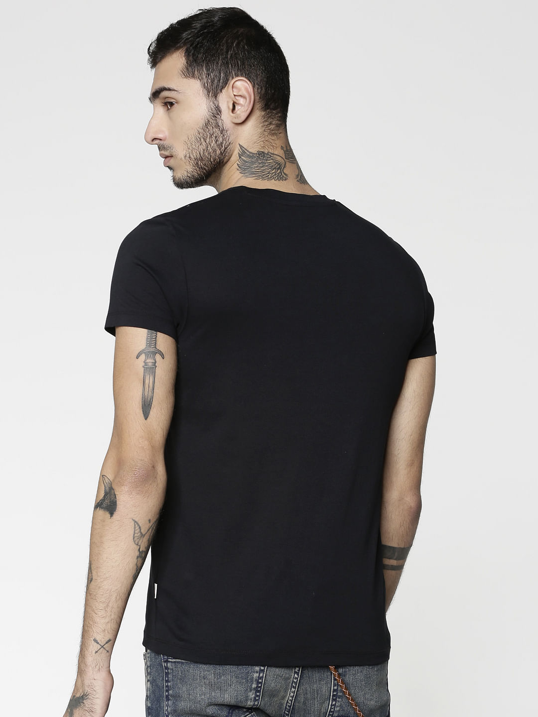 Black Text Print Slim Fit Crew Neck T-Shirt