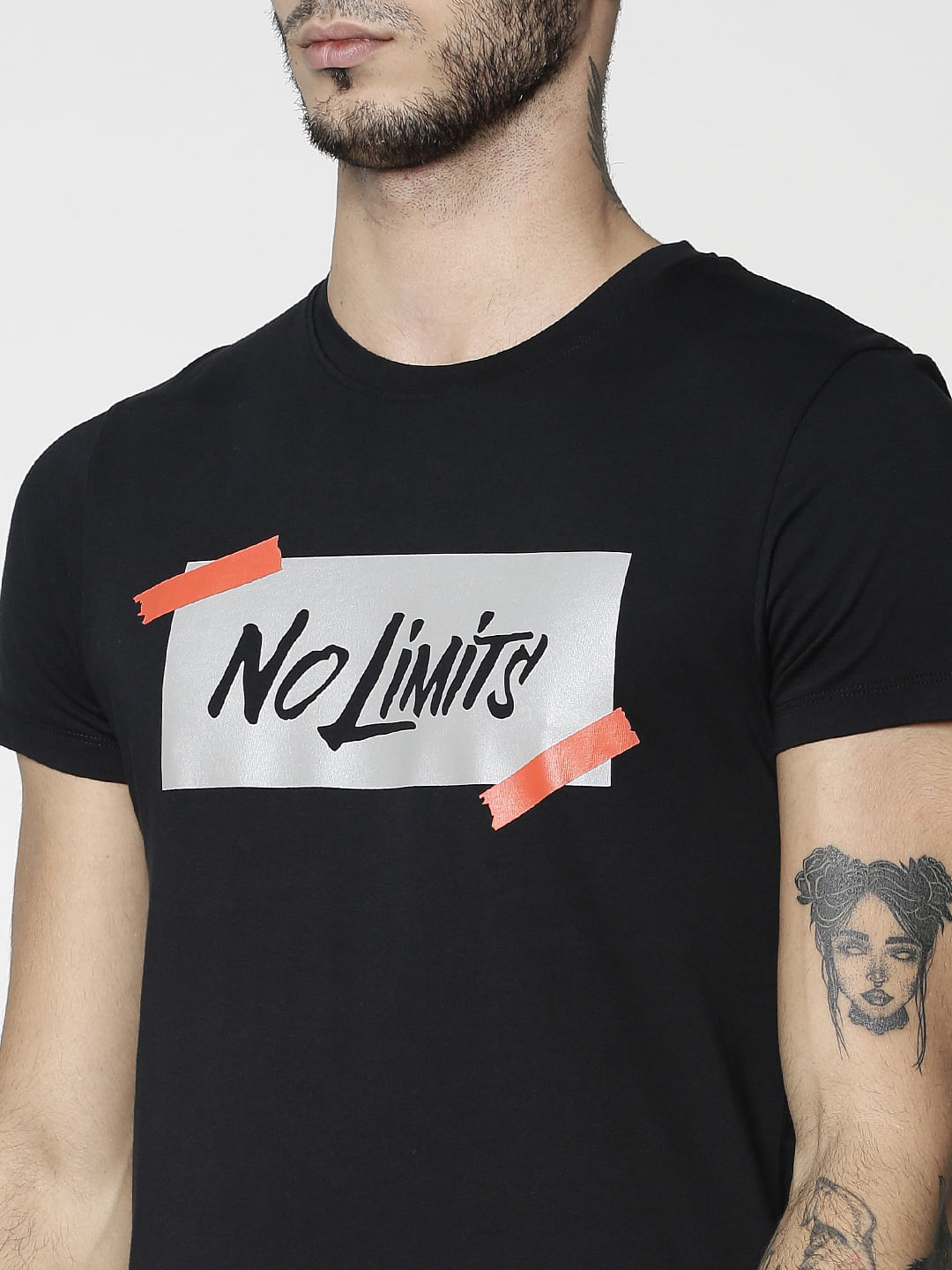 Black Text Print Slim Fit Crew Neck T-Shirt