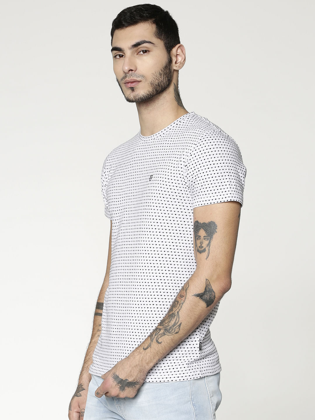 White All Over Dotted Print Slim Fit Crew Neck T-Shirt
