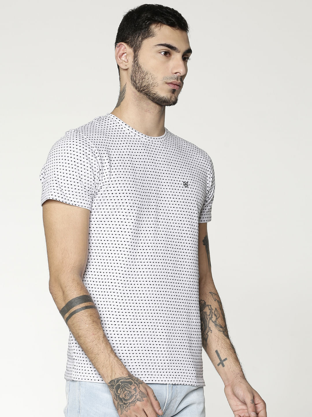 White All Over Dotted Print Slim Fit Crew Neck T-Shirt