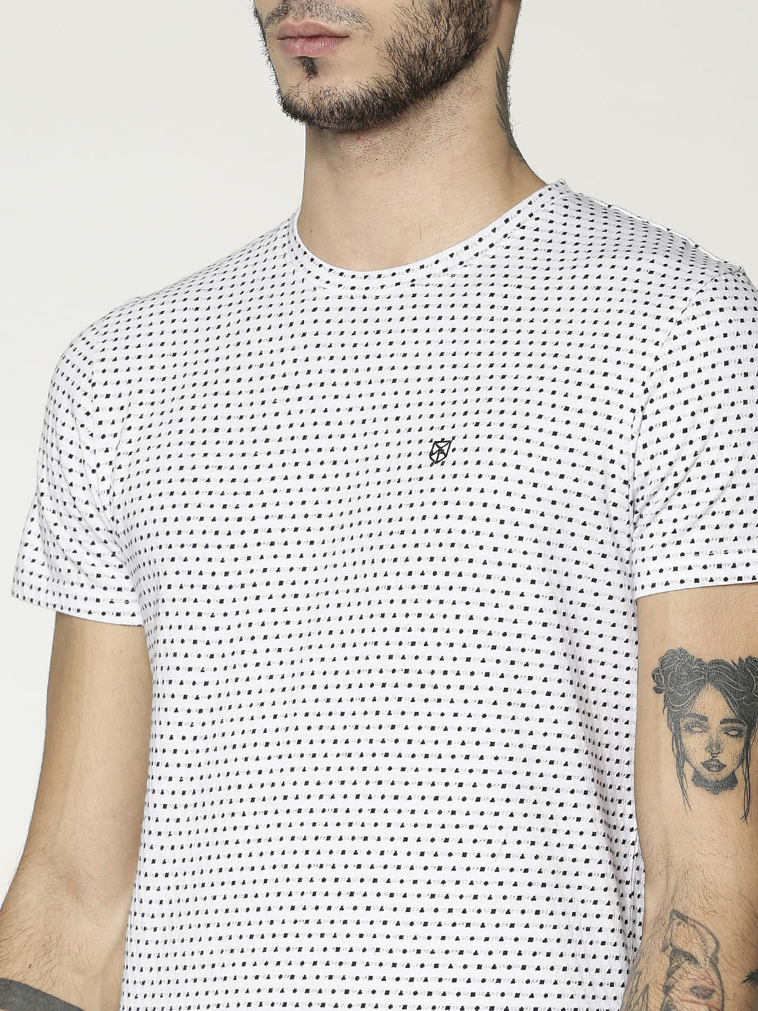 White All Over Dotted Print Slim Fit Crew Neck T-Shirt