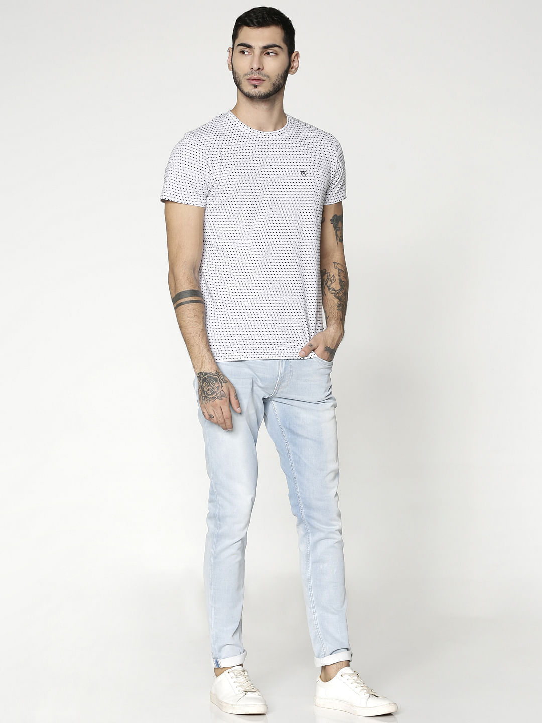 White All Over Dotted Print Slim Fit Crew Neck T-Shirt