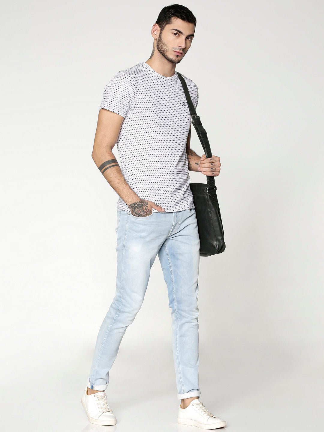 White All Over Dotted Print Slim Fit Crew Neck T-Shirt