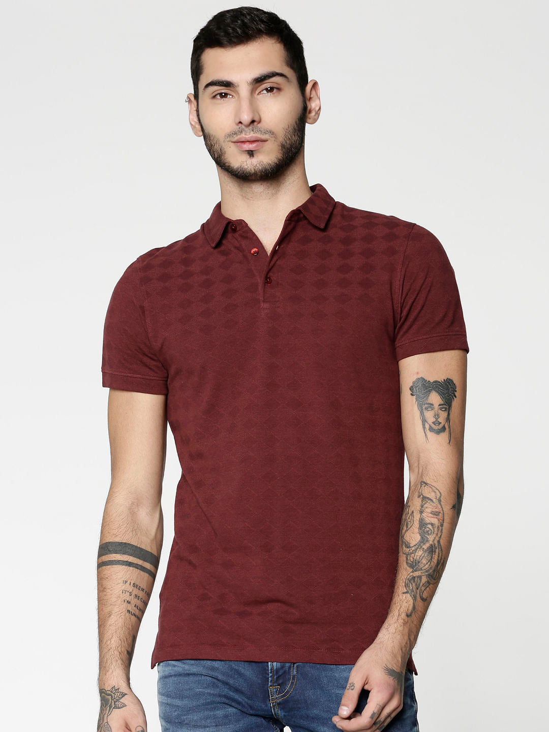 Red All Over Geometric Shape Print Slim Fit Polo Neck T-Shirt