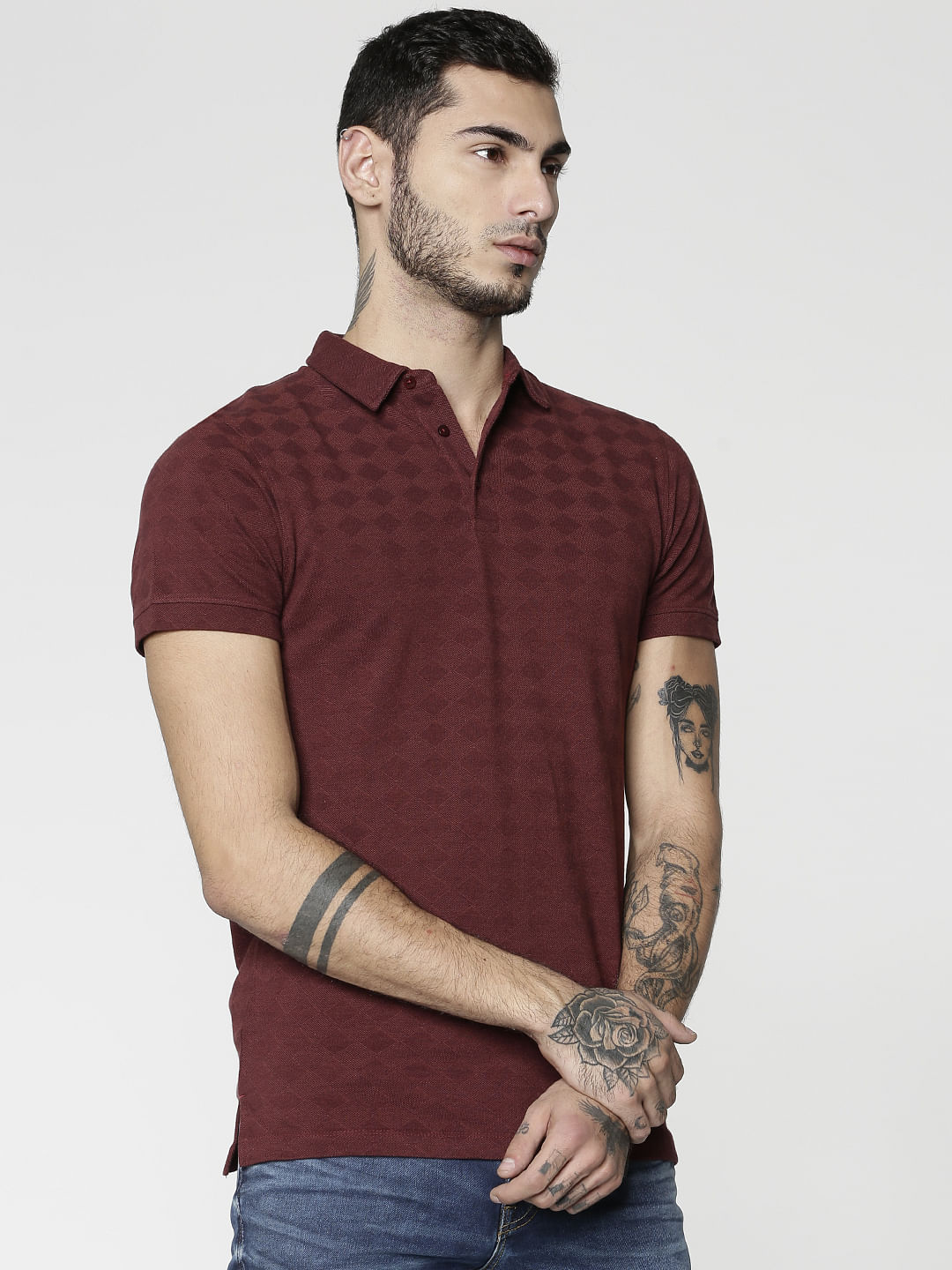 Red All Over Geometric Shape Print Slim Fit Polo Neck T-Shirt