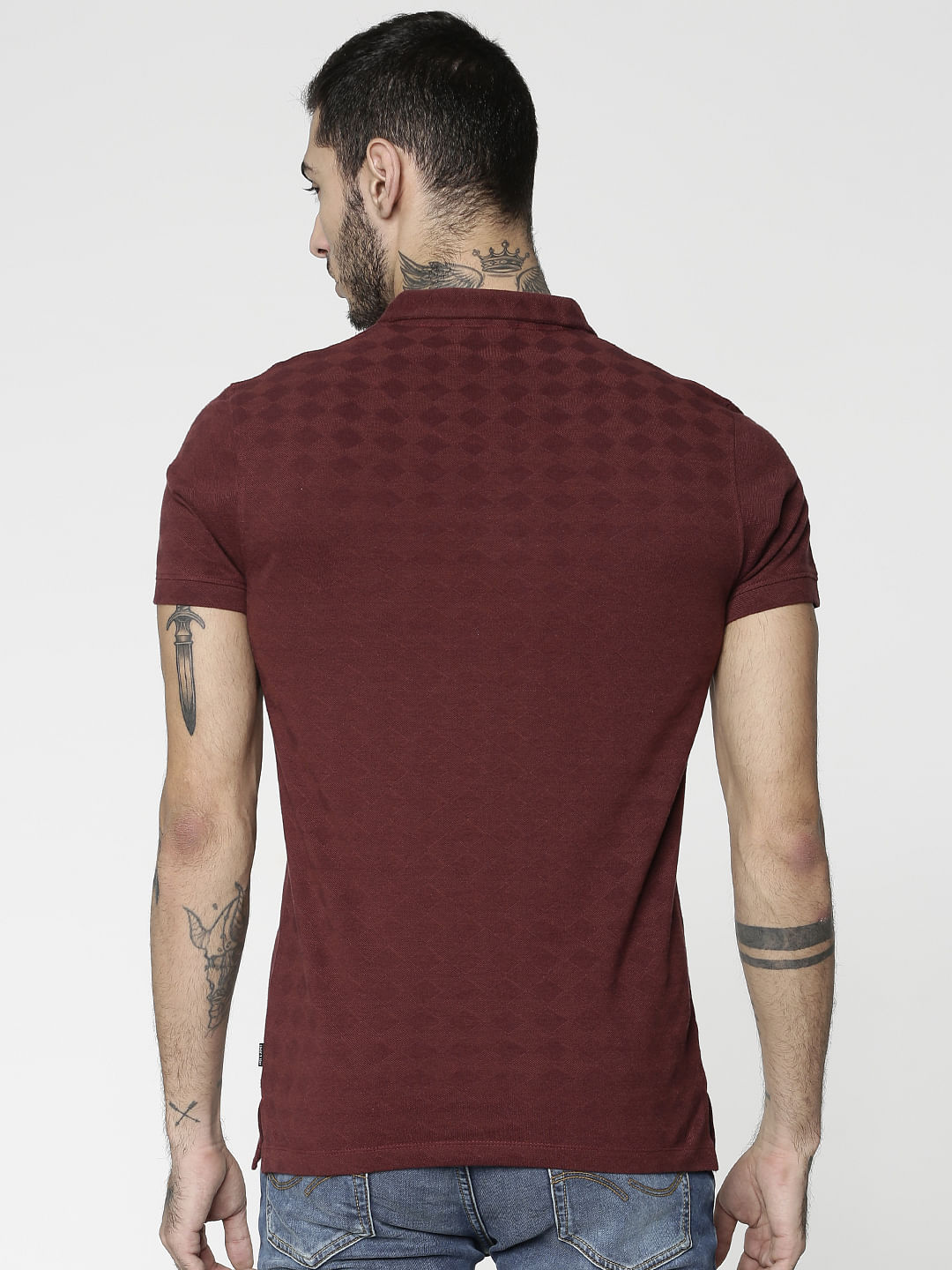 Red All Over Geometric Shape Print Slim Fit Polo Neck T-Shirt