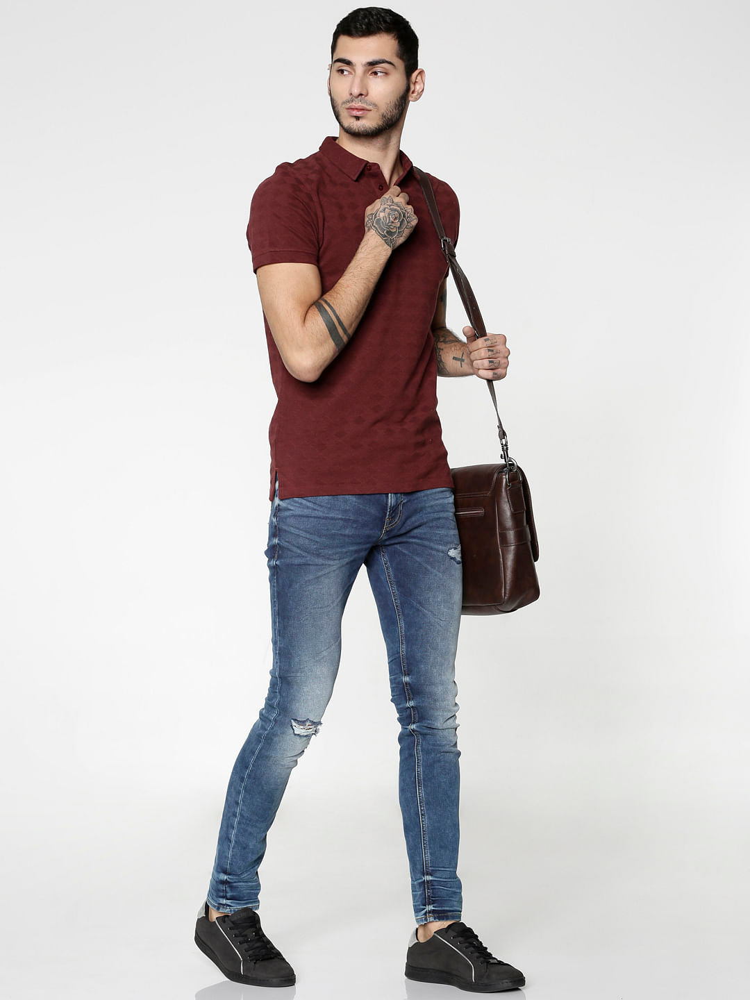 Red All Over Geometric Shape Print Slim Fit Polo Neck T-Shirt
