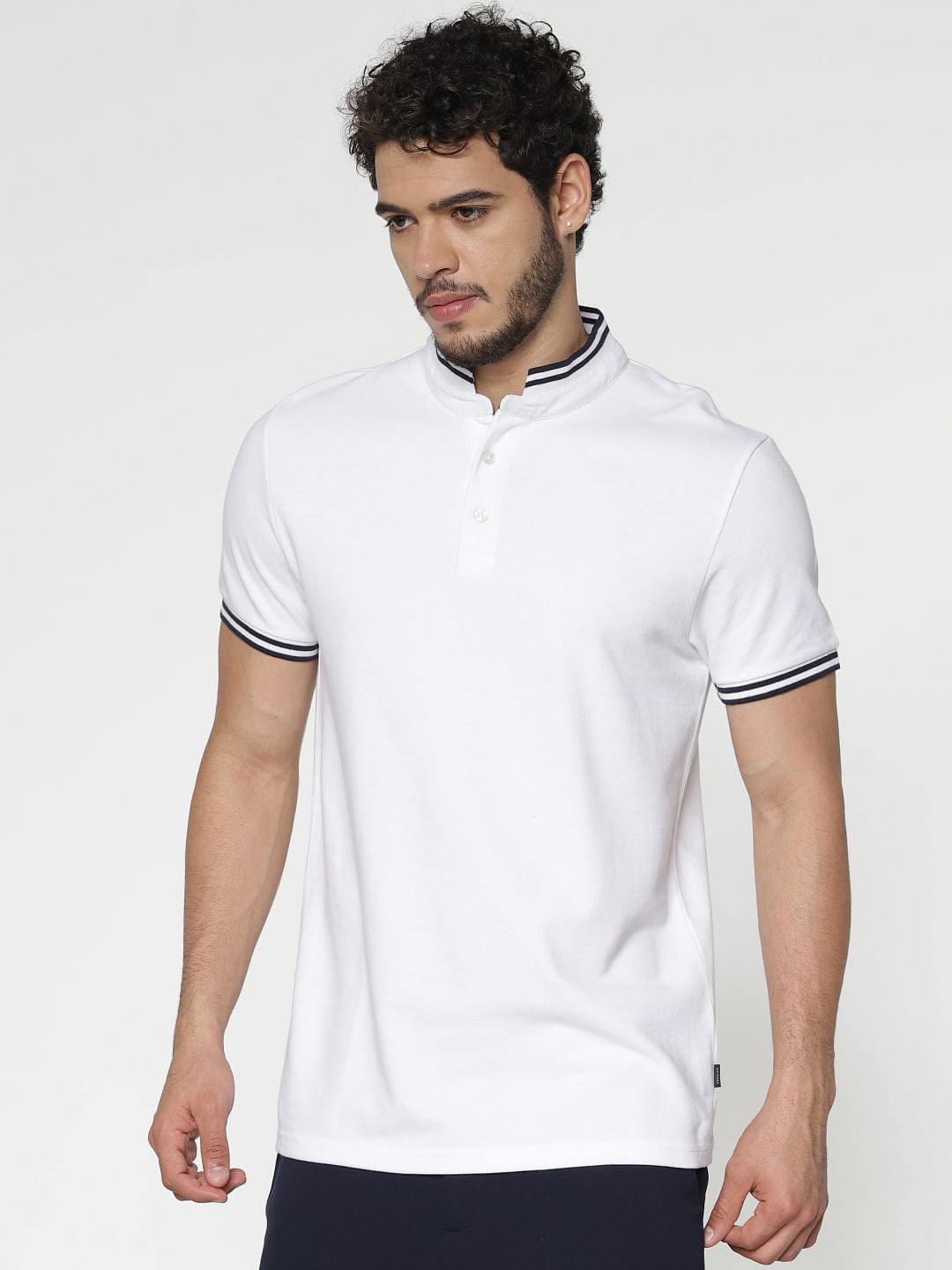 White Contrast Tipping Slim Fit Polo Neck T-Shirt - S