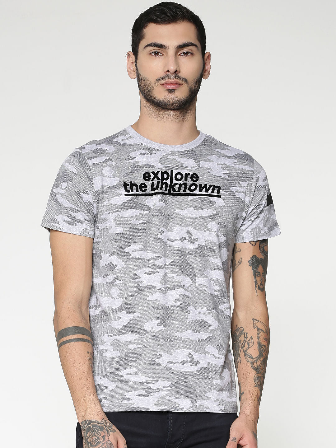 Grey All Over Camo Print Slim Fit Crew Neck T-Shirt - S
