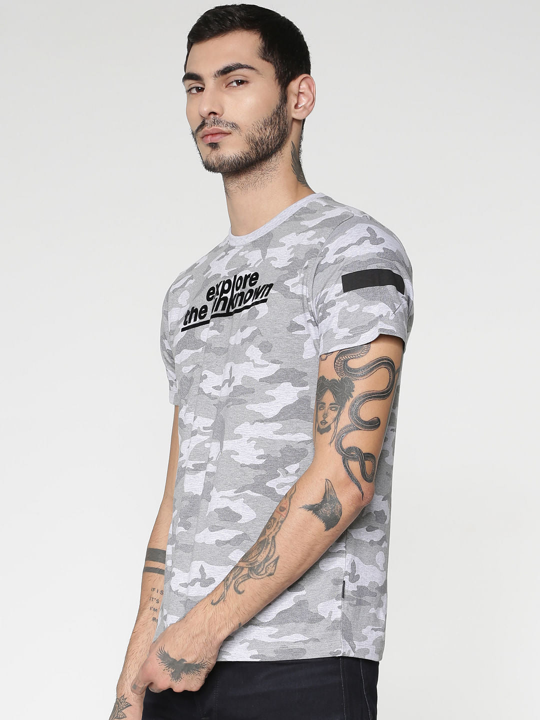 Grey All Over Camo Print Slim Fit Crew Neck T-Shirt