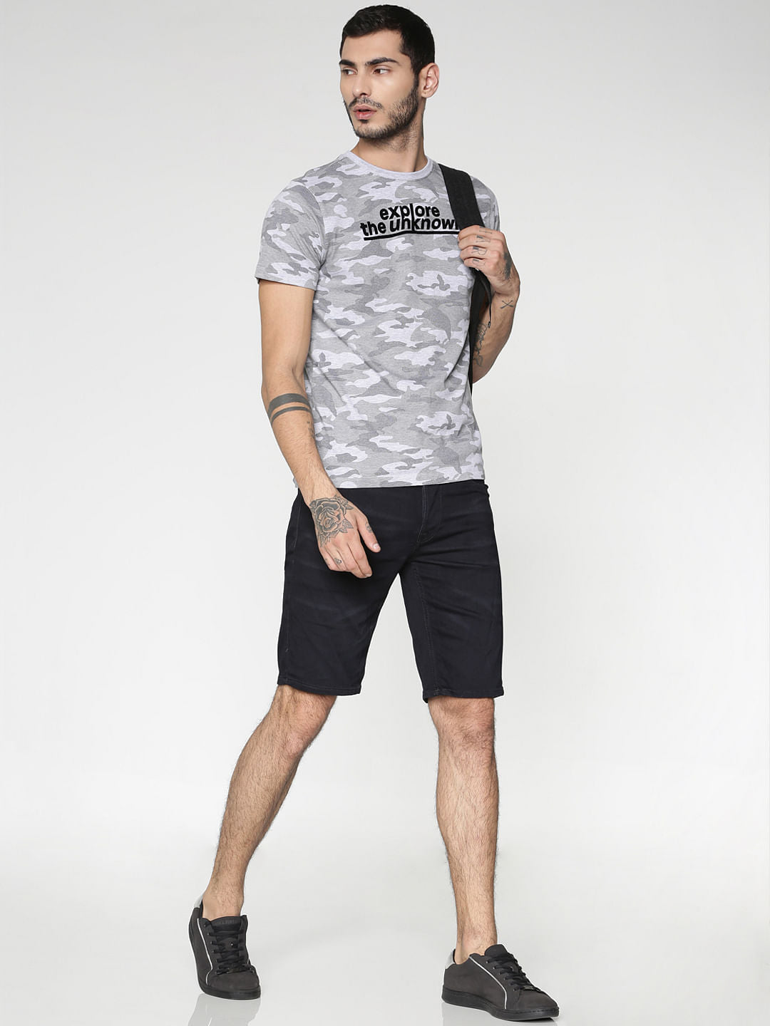 Grey All Over Camo Print Slim Fit Crew Neck T-Shirt