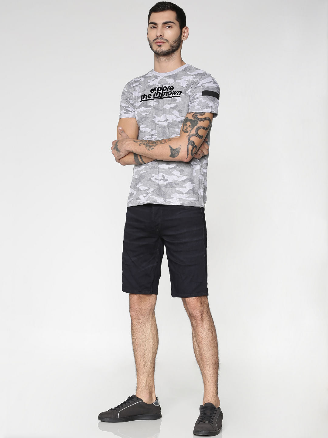 Grey All Over Camo Print Slim Fit Crew Neck T-Shirt