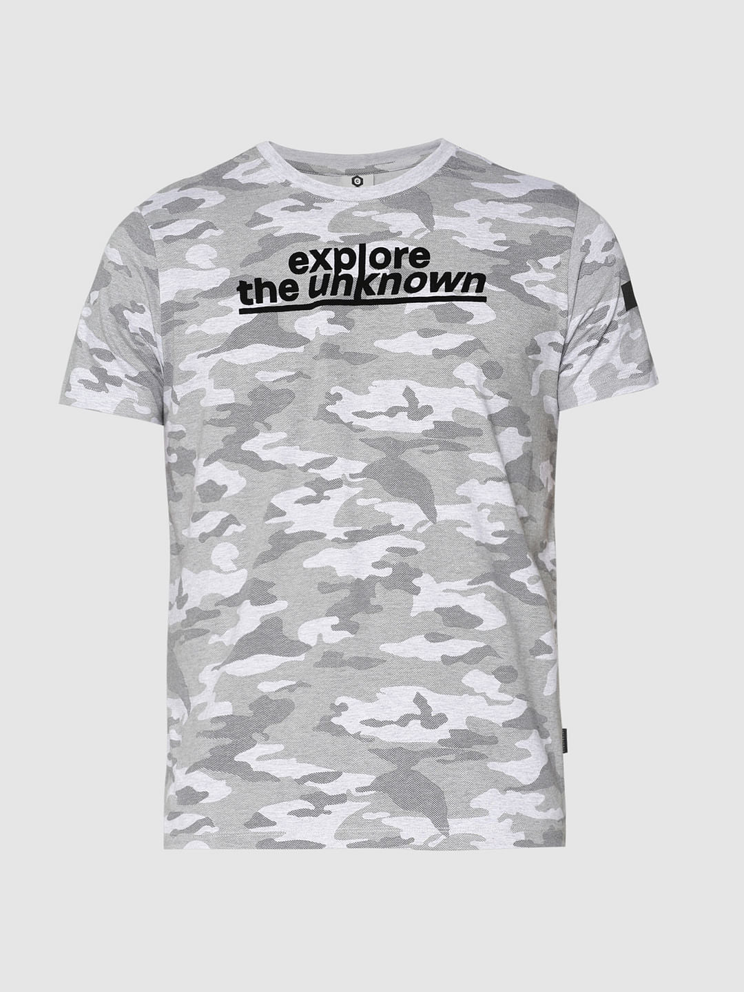 Grey All Over Camo Print Slim Fit Crew Neck T-Shirt