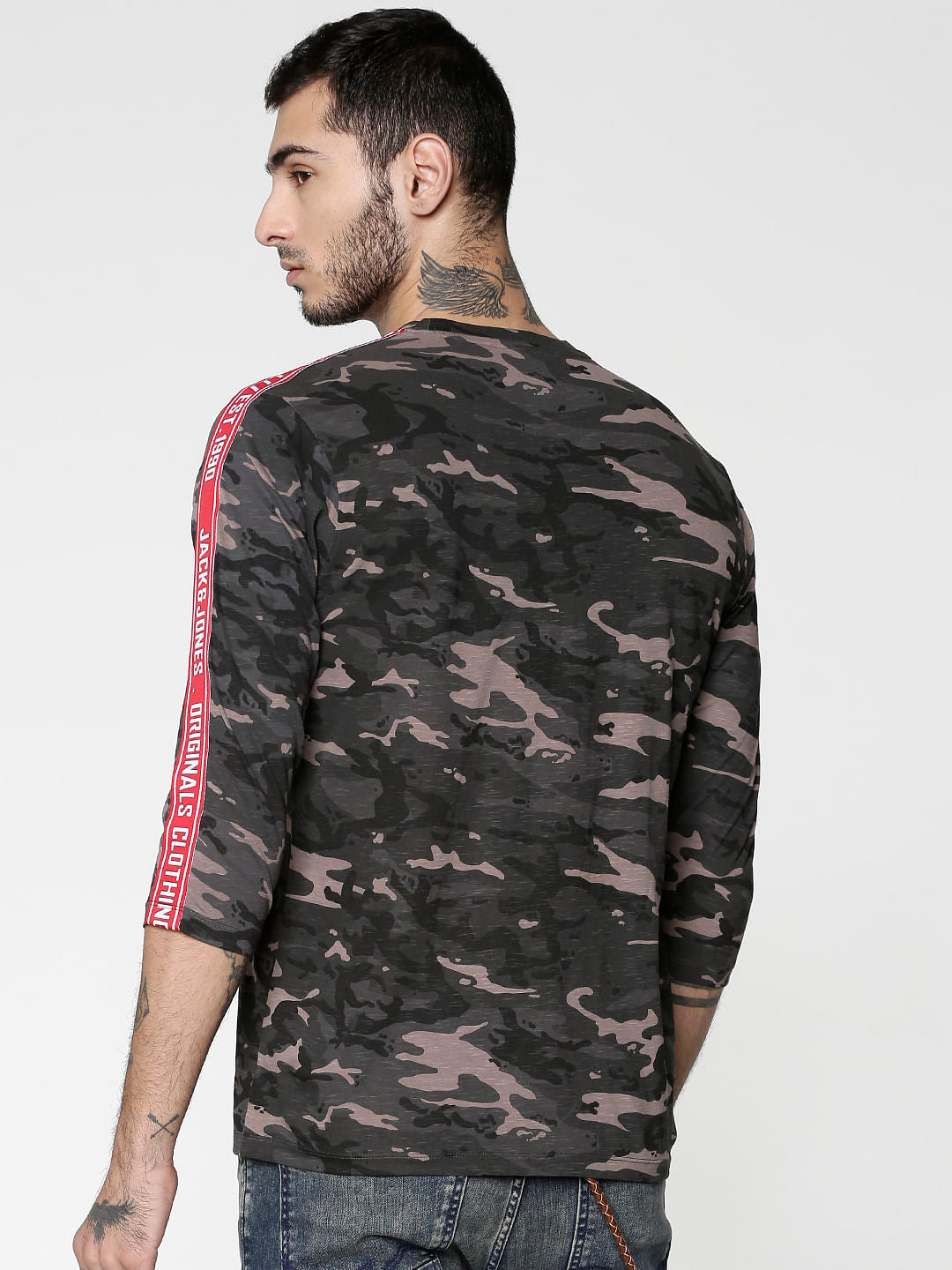 Grey Camo Print Side Tape Crew Neck T-Shirt