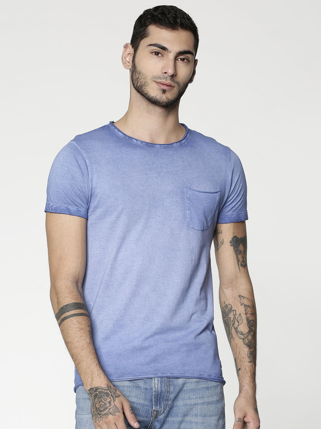 Blue Washed Slim Fit Crew Neck T-Shirt