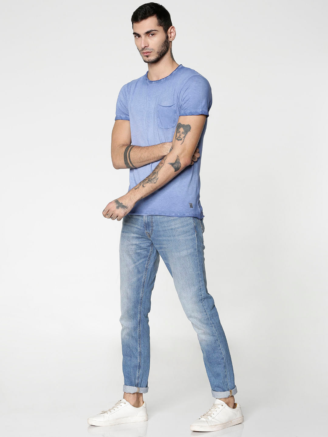 Blue Washed Slim Fit Crew Neck T-Shirt