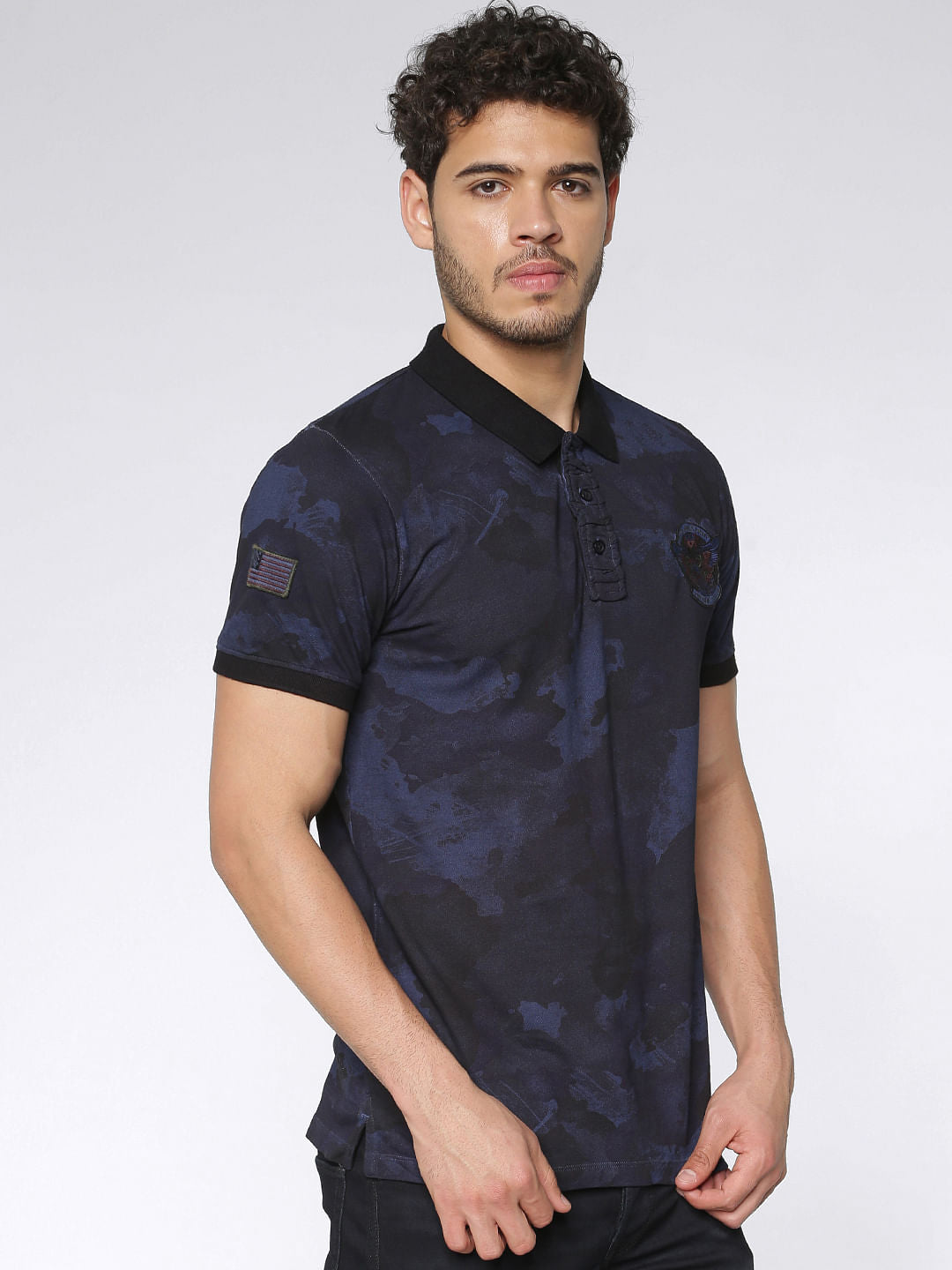 Blue Camo Washed Print Slim Fit Polo Neck T-Shirt - S
