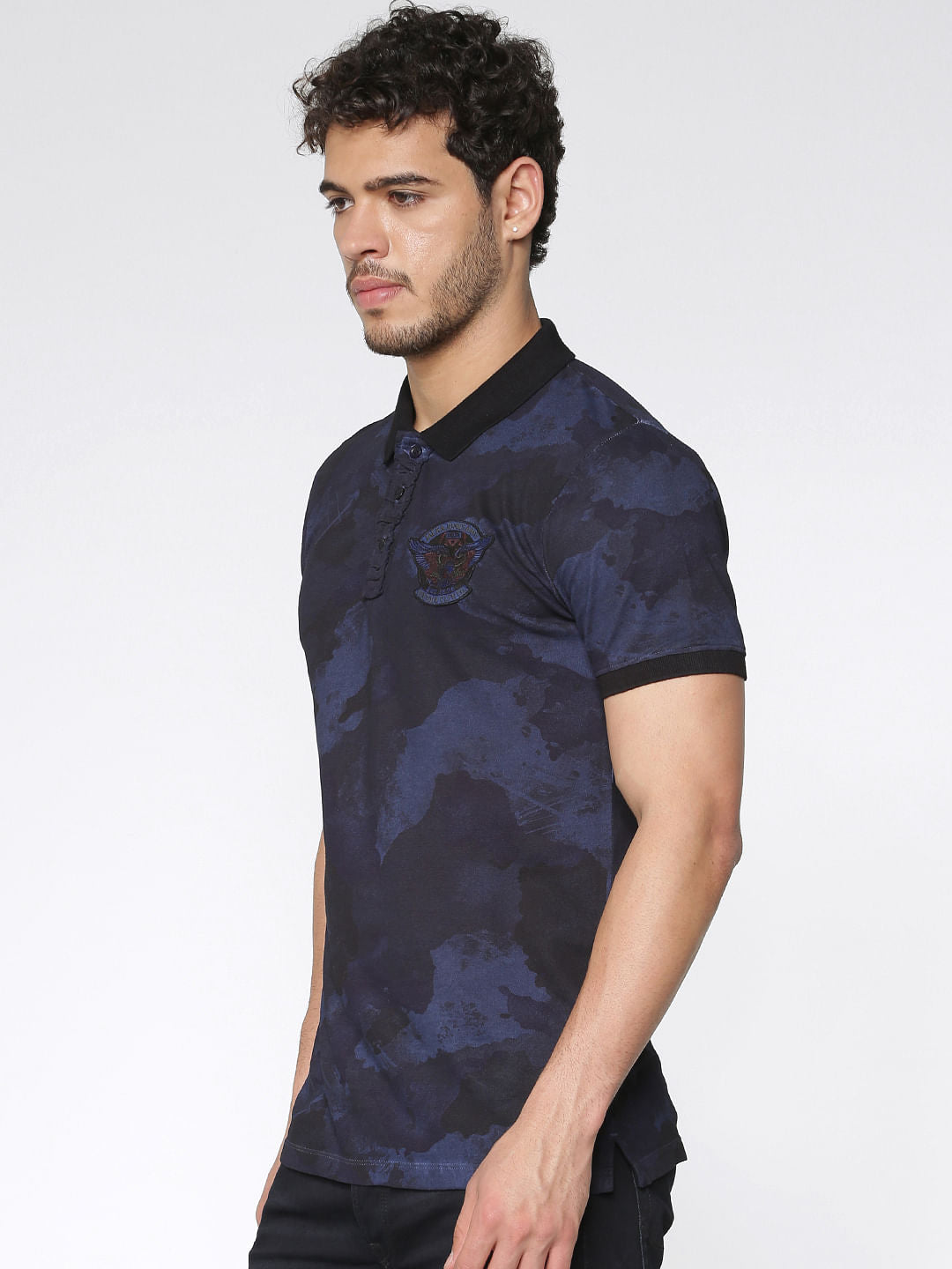 Blue Camo Washed Print Slim Fit Polo Neck T-Shirt