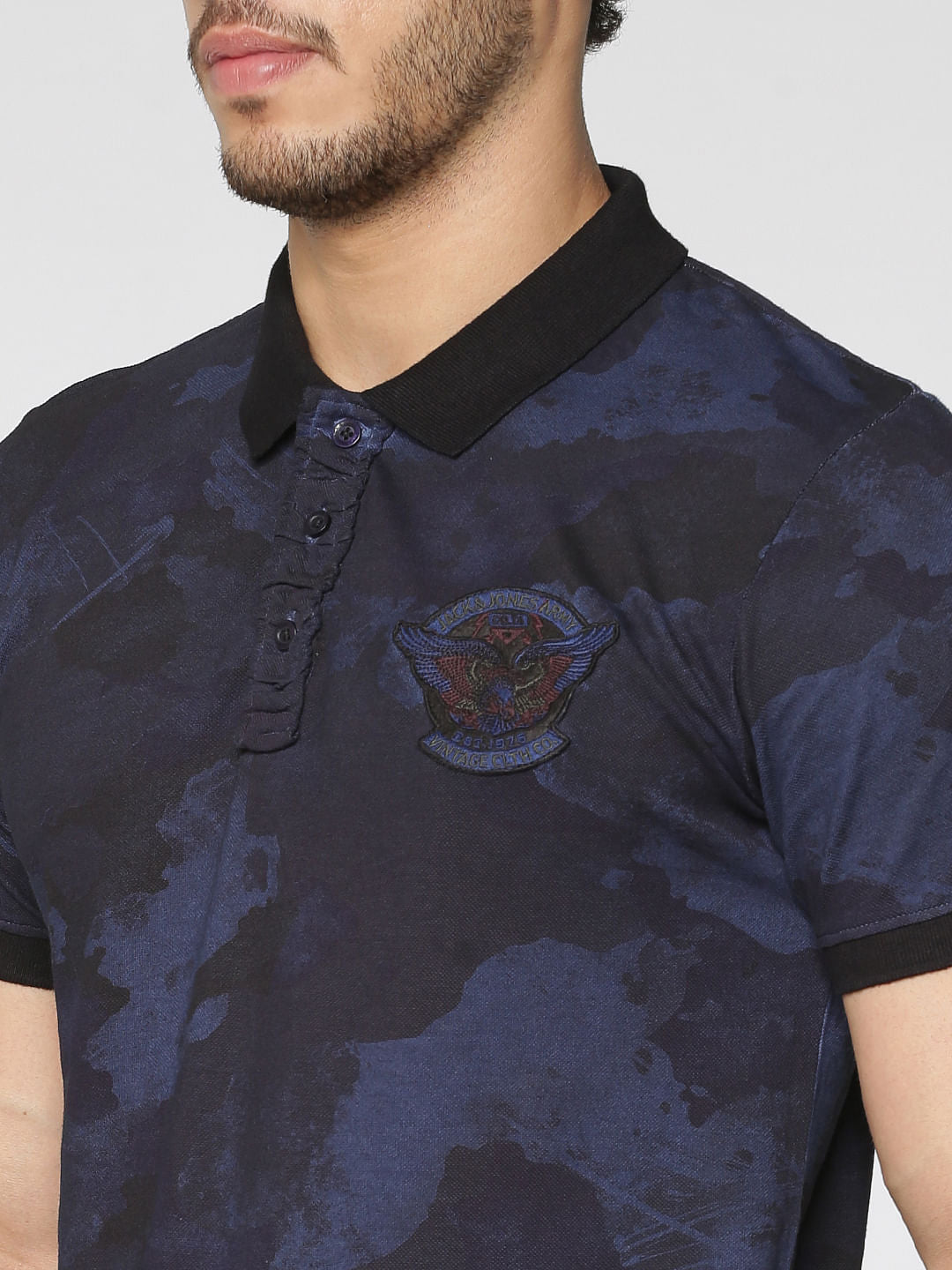 Blue Camo Washed Print Slim Fit Polo Neck T-Shirt